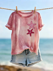Damen Glitzer-Seestern-Kunstdruck Batik-Shortsleeve-T-Shirt