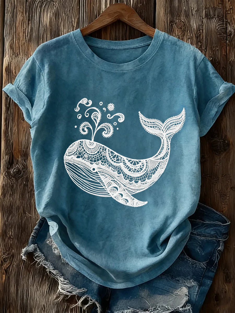 Damen Elegantes Spitzen-Patchwork-Kunst-Whale-Muster-T-Shirt