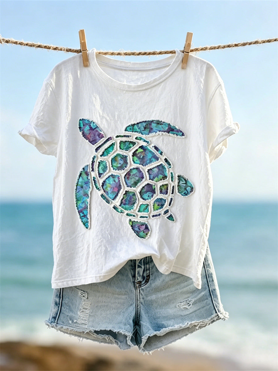 Damen-T-Shirt mit Seeschildkröten-Design in Fransenoptik, Kunstprint, Kurzarm