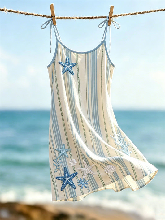Damen Strand-Minikleid mit Sternen- und Muschelmuster, gestreifter Print, Cami-Style