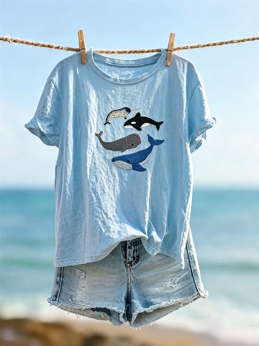 Damen-T-Shirt mit Walfisch-Motiv und kurzen Ärmeln