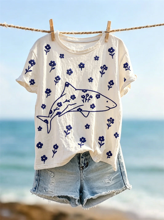 Damen-Schönes Shirt mit winzigem Blumenmuster und kurzen Ärmeln T-Shirt