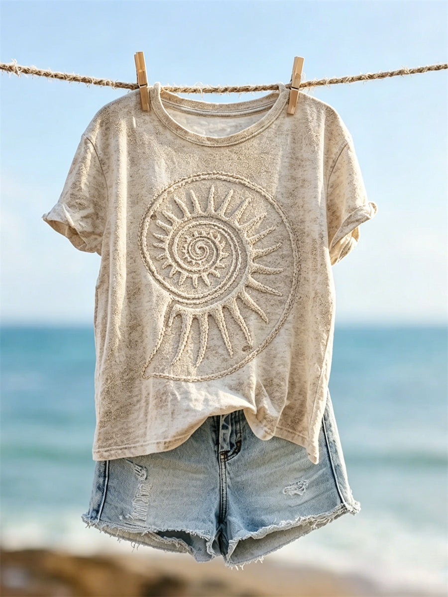 Damen-T-Shirt mit Conch-Beach-Sands-Kunstdruck und kurzen Ärmeln