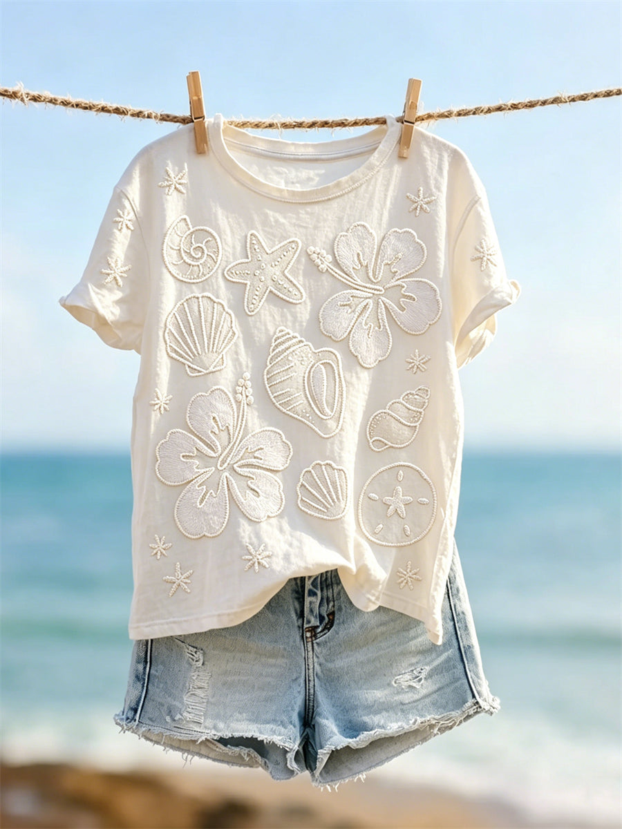 Damen-T-Shirt mit Sternen, Muscheln und Blumenmuster, kurze Ärmel