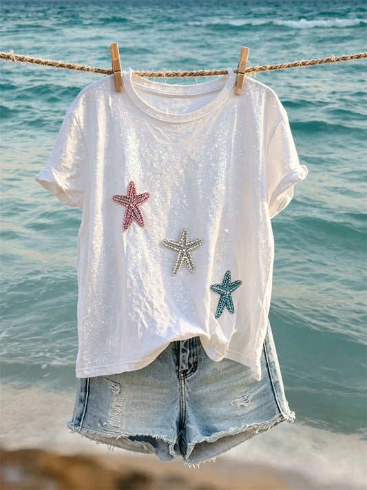 Damen-T-Shirt mit Glitzer-Strand-Kunstdruck und Sternenmotiv, kurzärmelig