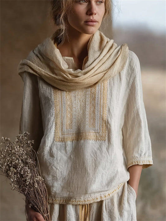 Damen Vintage Kerben hals bequeme Leinen tunika