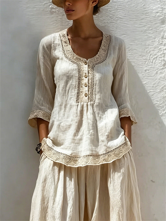 Damen Vintage Button Up A Line Leinen hemd