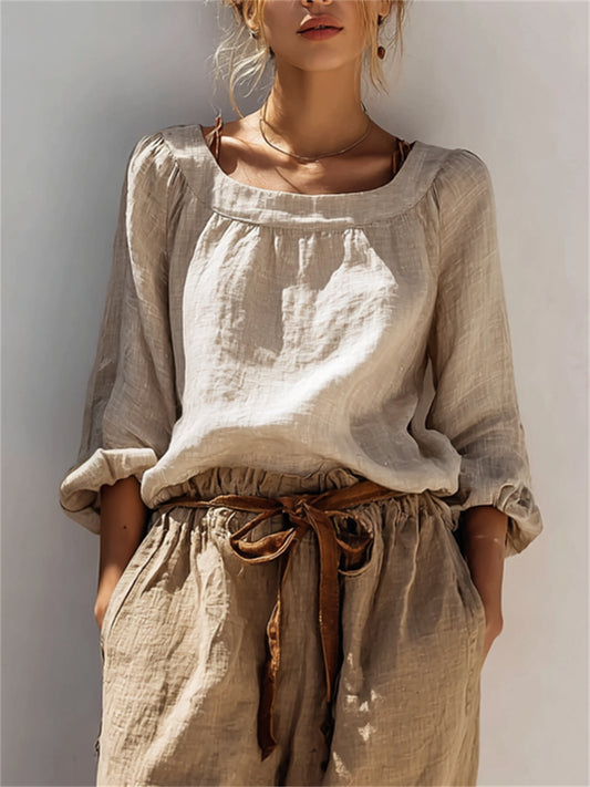 Damen Vintage Puff Ärmel plissierte Details Leinen hemd
