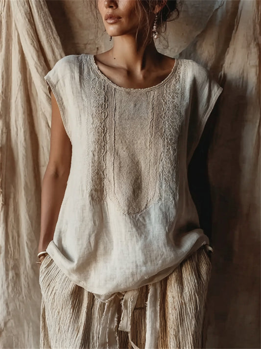 Damen Vintage bequeme Overs ize Cap Ärmel Leinen Tunika