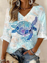 Damen-T-Shirt aus Waffelstoff mit Sea-Turtle- und Welt-Ozean-Tag-Motiv