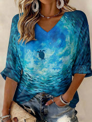 Damen-T-Shirt aus Waffelstoff mit Sea-Turtle- und Welt-Ozean-Tag-Motiv