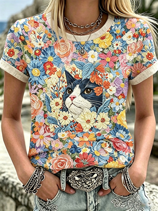 Damen-Blumen-und-Katzen-Leinen-Top mit kurzen Ärmeln