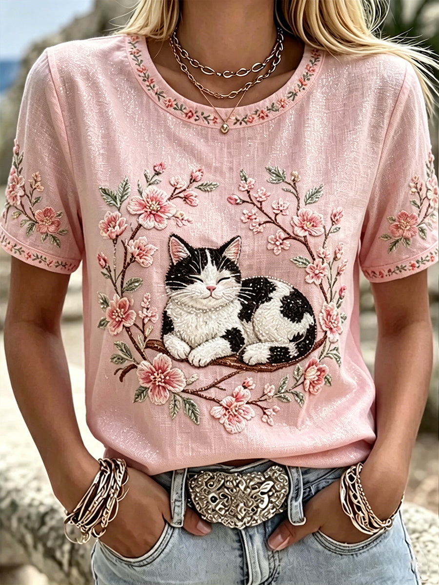 Damen-Blumen-und-Katzen-Leinen-Top mit kurzen Ärmeln