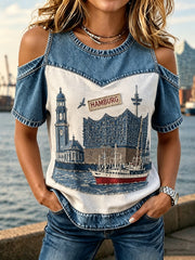Damen-Top mit Hamburger Hafenlandschaften-Print und Denim-Patchwork