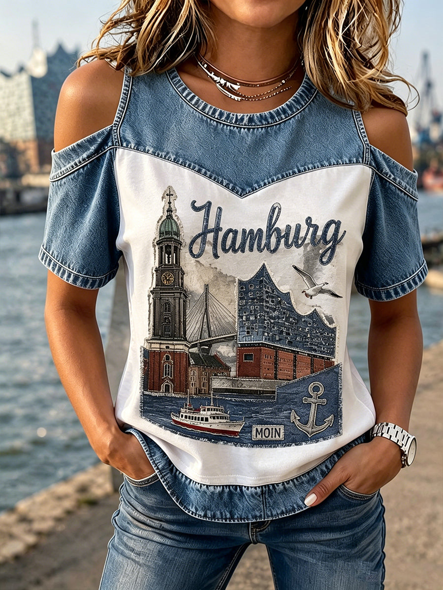 Damen-Top mit Hamburger Hafenlandschaften-Print und Denim-Patchwork