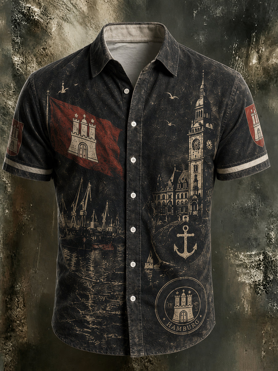 Herren-Retro-T-Shirt mit Hamburger Stadthafen