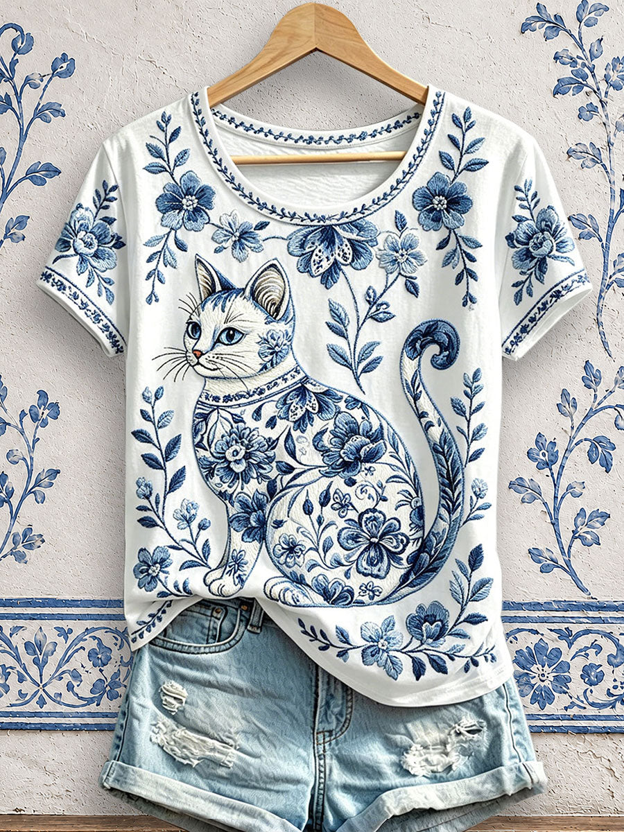 Damen-T-Shirts mit Blumen- und Katzenmuster