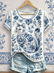 Damen-T-Shirts mit Blumen- und Katzenmuster