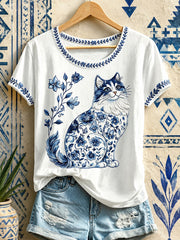 Damen-T-Shirts mit Blumen- und Katzenmuster
