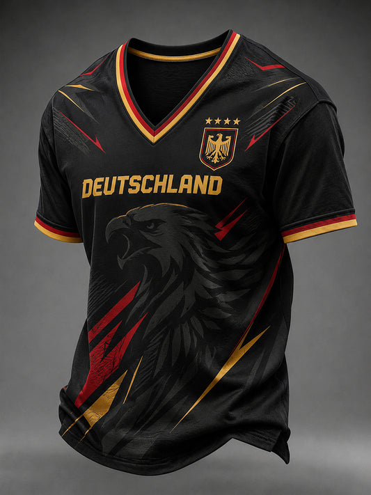 Herren-Fußballfan-T-Shirt aus Deutschland mit V-Ausschnitt und Print