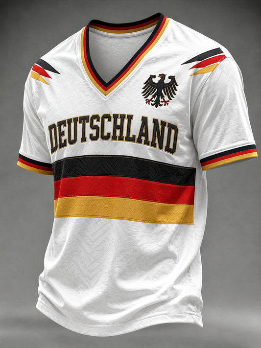 Herren-Fußballfan-T-Shirt aus Deutschland mit V-Ausschnitt und Print