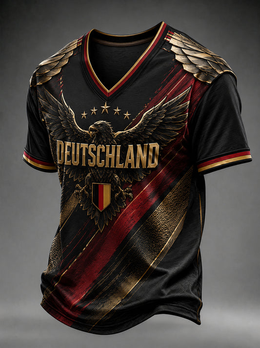 Herren-Fußballfan-T-Shirt aus Deutschland mit V-Ausschnitt und Print