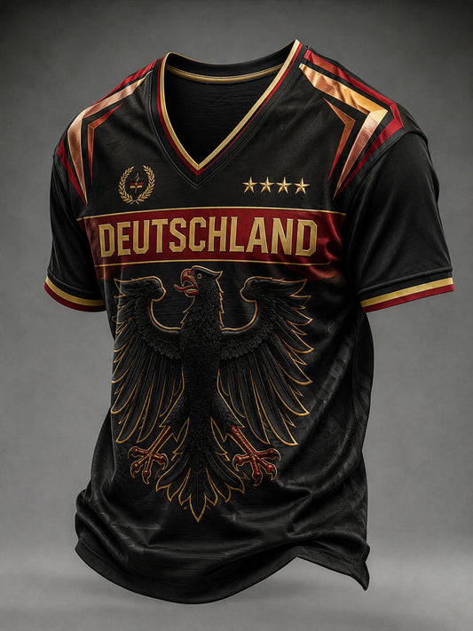 Herren-Fußballfan-T-Shirt aus Deutschland mit V-Ausschnitt und Print