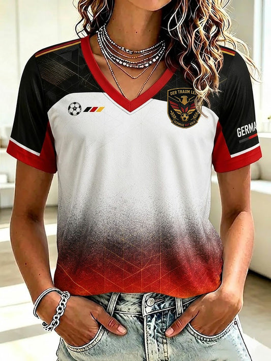 Damen-Fußball-T-Shirt aus Deutschland mit V-Ausschnitt und Aufdruck