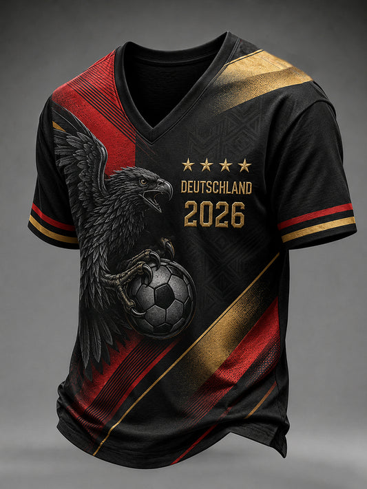 Herren-T-Shirt mit V-Ausschnitt und Fußballmotiv für deutsche Fans