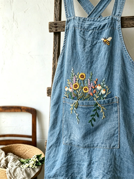 Damen-Schürze im Vintage-Cottagecore-Stil mit Bienchen- und Blumenmuster sowie aufgesetzter Tasche