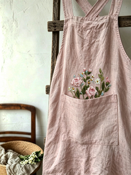 Damen-Vintage-Cottagecore-Schürze aus Leinen mit rosa Rosen und Blumenmuster