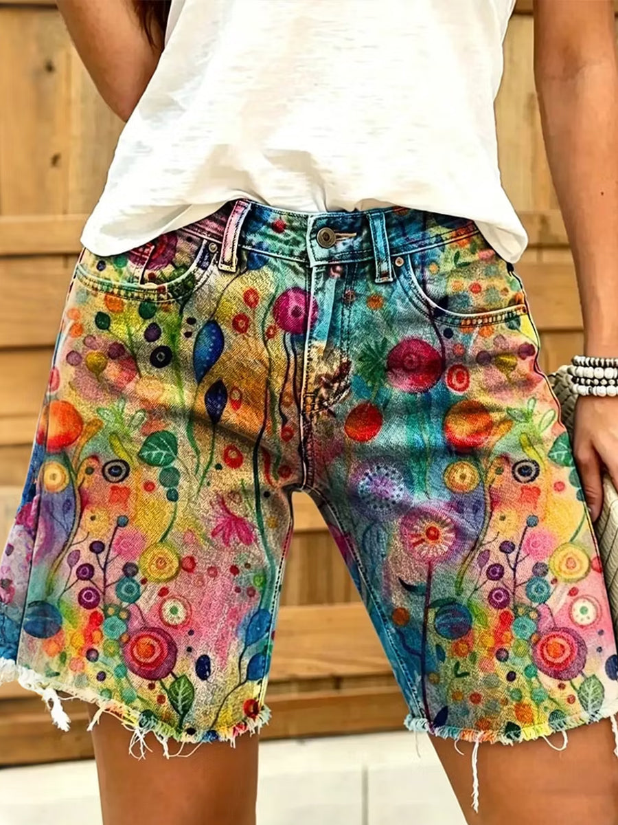 Damen-Shorts im Retro-Stil mit Ölgemälde-Blumenmuster