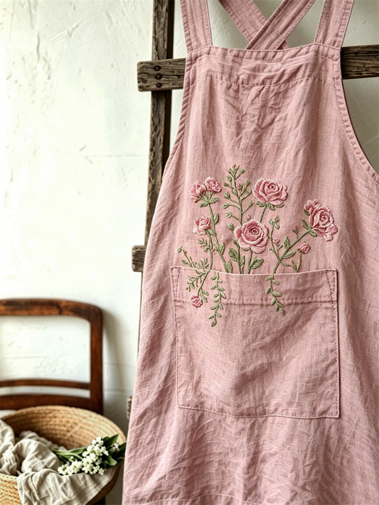 Damen-Vintage-Küchenschürze im Cottagecore-Stil mit rosa Rosenmuster aus Leinen