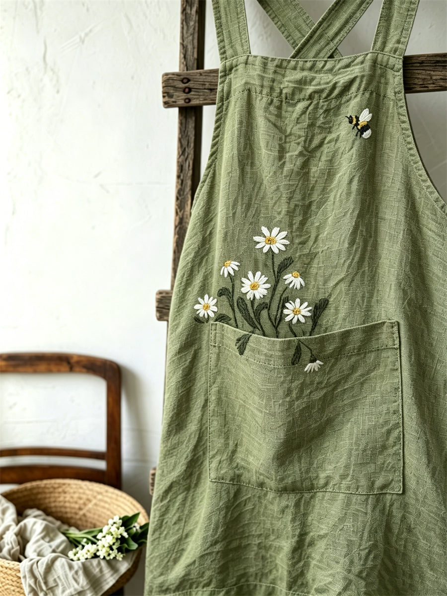 Damen-Schürze aus Leinen im Vintage-Stil mit Gänseblümchen- und Bienendruck sowie aufgesetzter Tasche