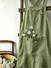 Damen-Schürze aus Leinen im Vintage-Stil mit Gänseblümchen- und Bienendruck sowie aufgesetzter Tasche