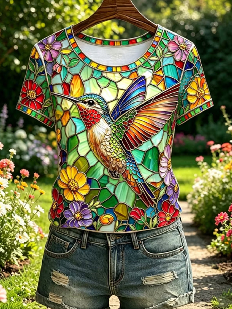 Damen-Lässiges T-Shirt mit floralem Kolibri-Print