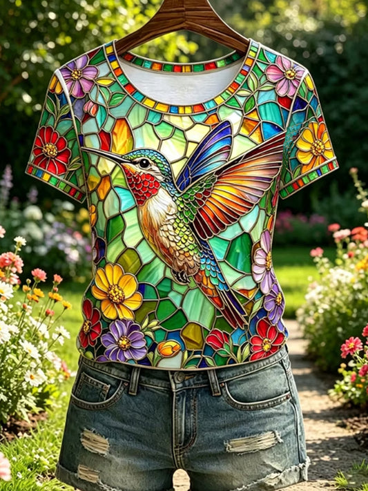 Damen-Lässiges T-Shirt mit floralem Kolibri-Print