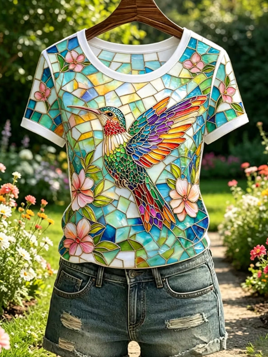 Damen-Lässiges T-Shirt mit floralem Kolibri-Print
