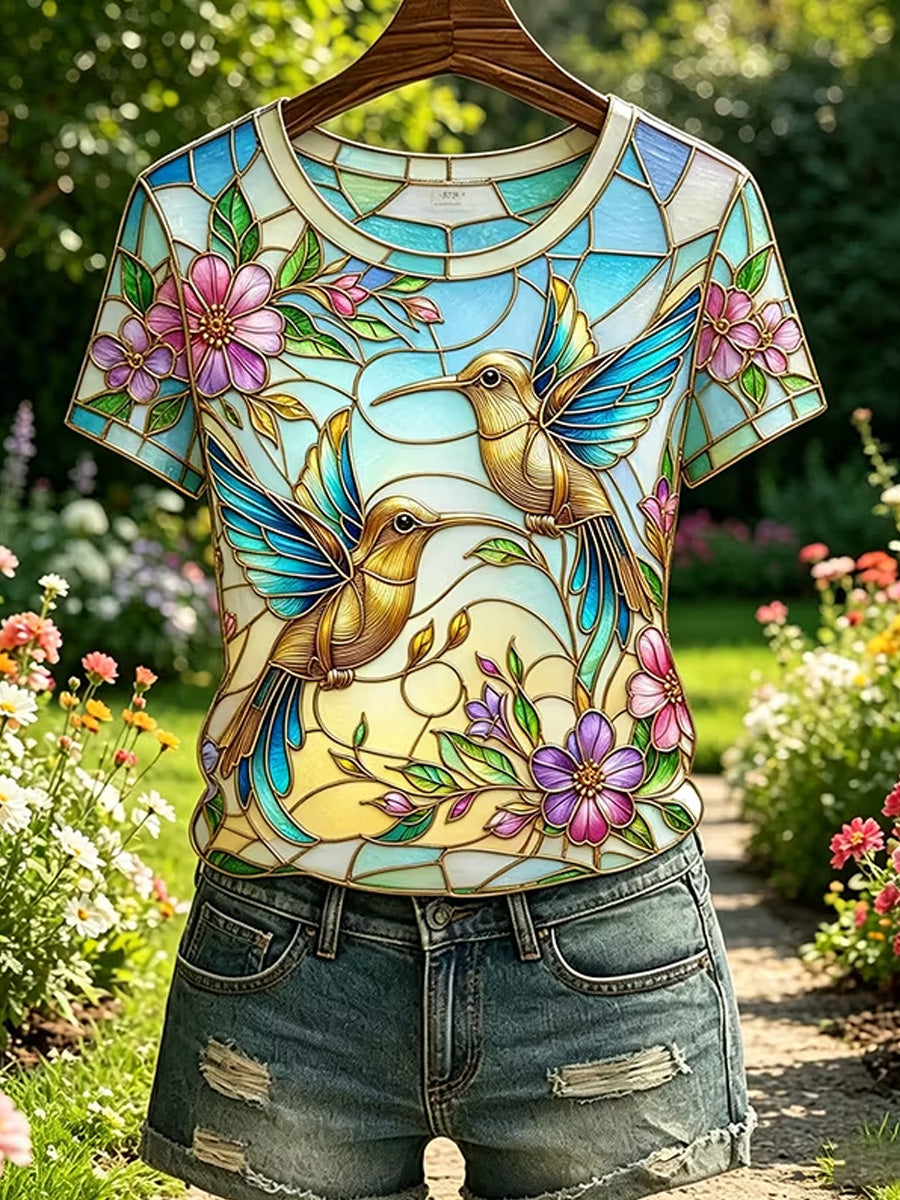 Damen-Lässiges T-Shirt mit floralem Kolibri-Print