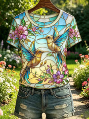 Damen-Lässiges T-Shirt mit floralem Kolibri-Print