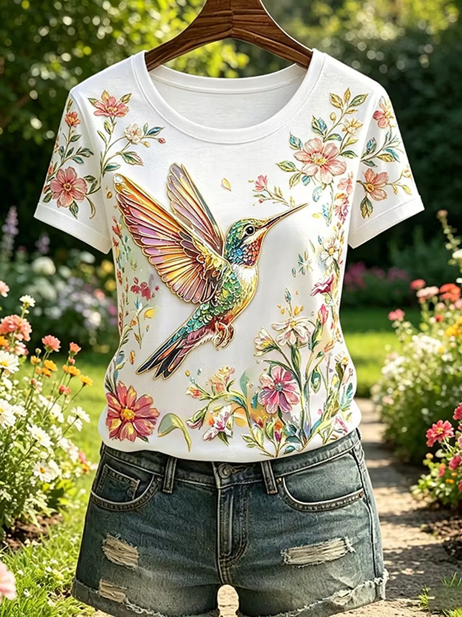 Damen-Blumen-Kolibri-Print-lässiges T-Shirt