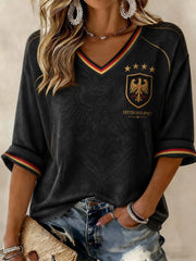 Frauen-T-Shirt mit Deutschland-Fußballmotiv, mittellange Ärmel und V-Ausschnitt