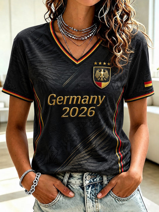 Damen-Fußball-T-Shirt aus Deutschland mit V-Ausschnitt und Aufdruck