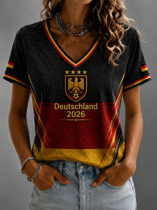 Damen-Fußballfan-T-Shirt mit Deutschland-Print und V-Ausschnitt