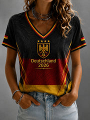 Damen-Fußballfan-T-Shirt mit Deutschland-Print und V-Ausschnitt
