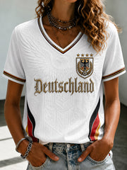 Damen-Fußballfan-T-Shirt mit Deutschland-Print und V-Ausschnitt