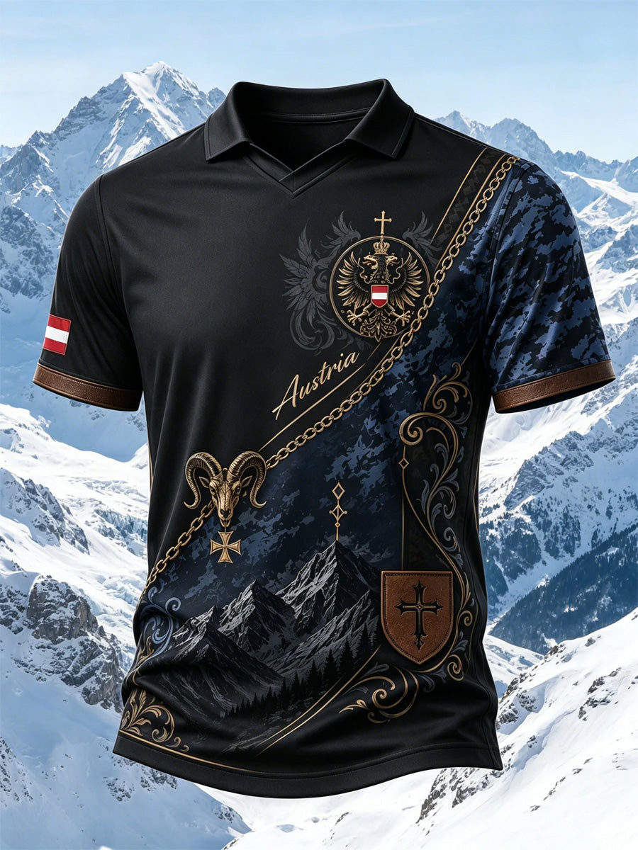 Herren-Polo mit österreichischem Bergmotiv als Kunstdruck, lässig geschnitten