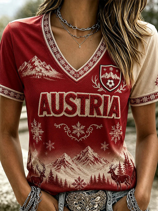 Damen-T-Shirt mit Fußballmotiv aus Österreich, lässiger V-Ausschnitt