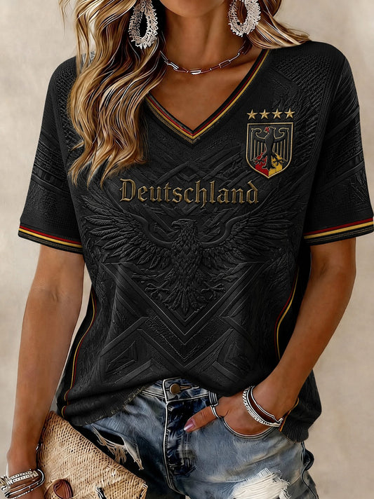 Damen-Fußball-T-Shirt aus Deutschland mit V-Ausschnitt und Print