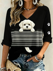 Damen-T-Shirt mit verstecktem Malteser-Hund und Pfotenabdrucken, Color-Block-Print, mittellange Ärmel und V-Ausschnitt